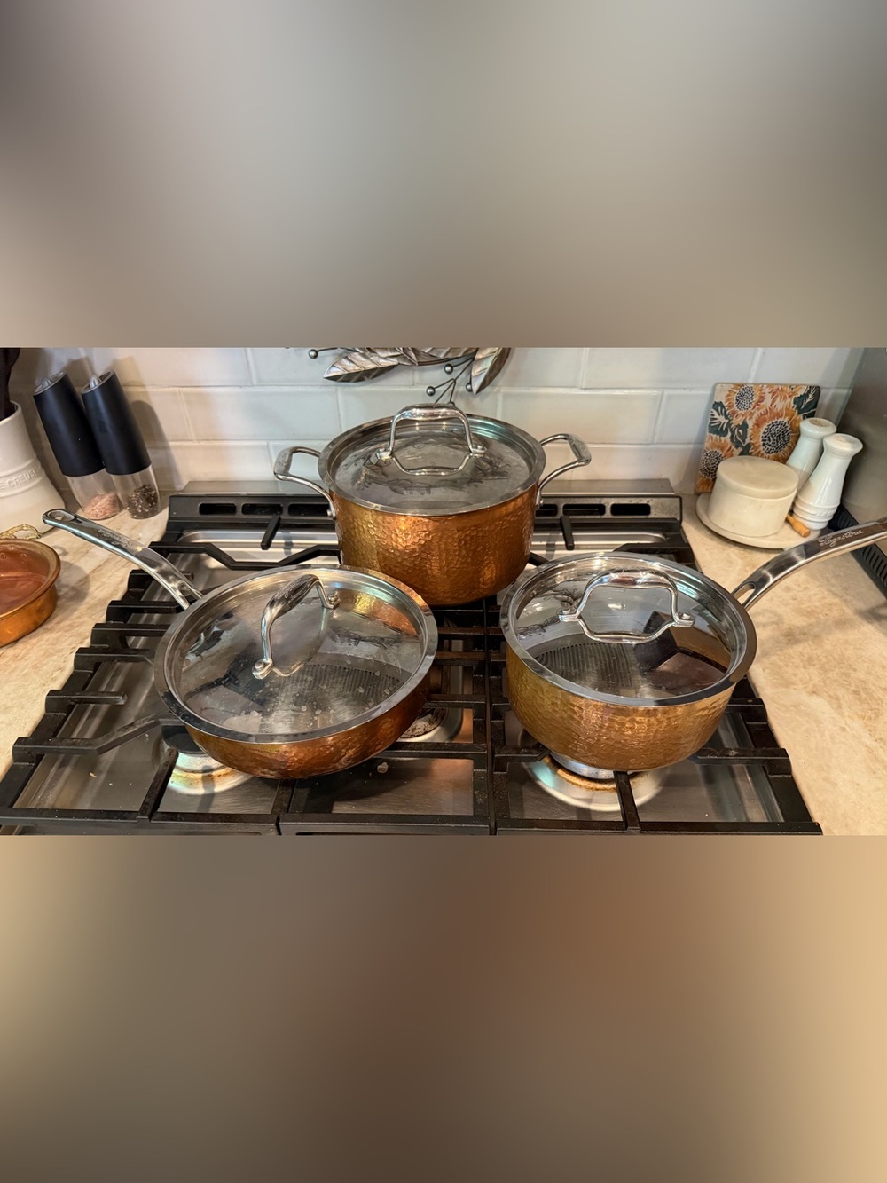 Lagostina’s hammered copper and stainless pan set with lids.  6 piece